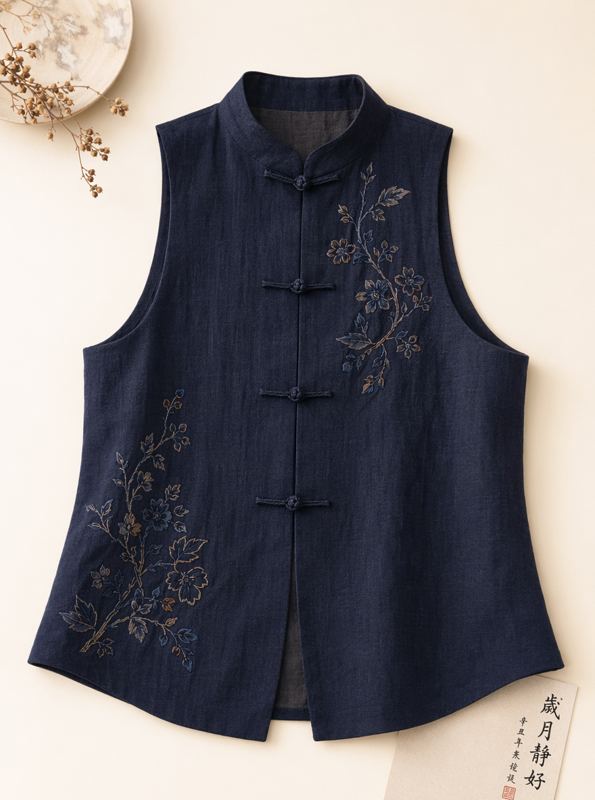 Product photo taken by an employee: navy Chinese-style embroidered vest